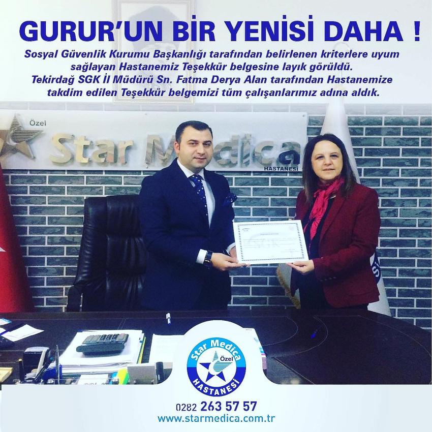 &Ouml;zel Star Medica Hastanesi'ne Teşekk&uuml;r Belgesi