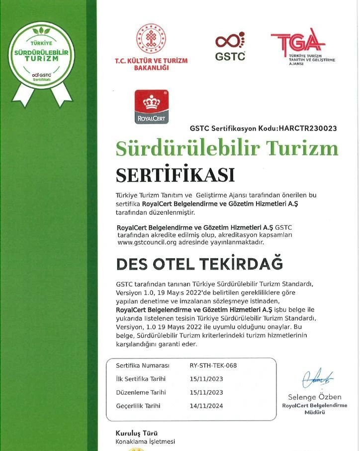 S&Uuml;LEYMANPAŞA&rsquo; NIN &ldquo;3 KADEMELİ S&Uuml;RD&Uuml;R&Uuml;LEBİLİR TURİZM SERTİFİKASINI ALAN İLK VE TEK OTELİ